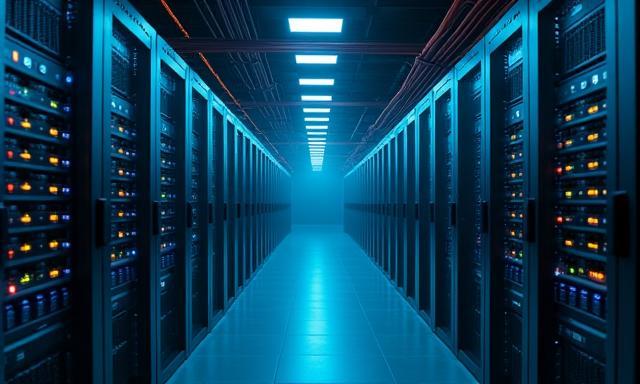 غرفة خوادم مع بنية تحتية للشبكة، تمثل حلولًا على مستوى المؤسسات.